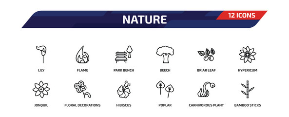 nature outline icon set. 12 linear vector for ui, web and mobile. thin line lily, flame, park bench and more icons. © Farahim