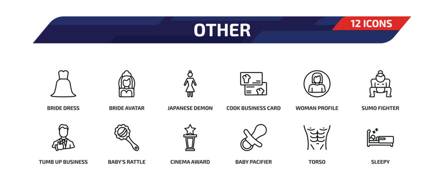 other outline icon set. 12 linear vector for ui, web and mobile. thin line bride dress, bride avatar, japanese demon and more icons.