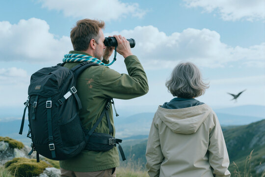 Middle aged man using binoculars beside senior woman while birdwatching on mountain viewpoint, supporting eco tourism and outdoor recreation marketing for travel campaigns