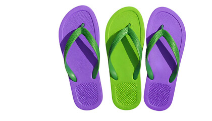 Fototapeta premium Three vibrant flip-flops, two purple and one green, on black background