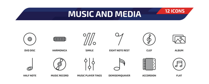 music and media outline icon set. 12 linear vector for ui, web and mobile. thin line dvd disc, harmonica, simile and more icons.
