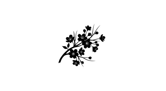 Black silhouette of a delicate cherry blossom branch with small flowers on a white background.