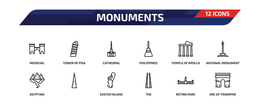monuments outline icon set. 12 linear vector for ui, web and mobile. thin line medieval, tower of pisa, cathedral and more icons.