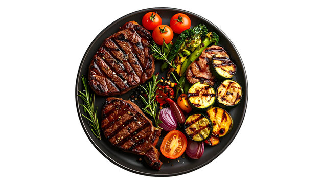 Grilled steaks and vegetables arranged artistically on a round, black plate