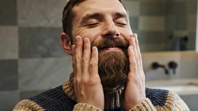 Man gently touching and grooming his wellgroomed beard in a bathroom