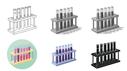 Fototapeta premium Laboratory glassware collection features test tubes in a rack shown in various styles such as line art, grayscale, and flat color.