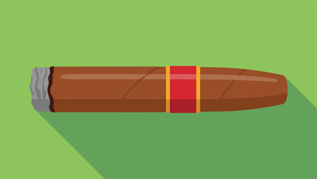 Minimalist flat design illustration of a lit cigar with a red label and gray ash tip casting a long shadow on a green background.