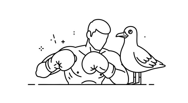 Dynamic line art illustration of a determined boxer in fighting stance accompanied by a watchful