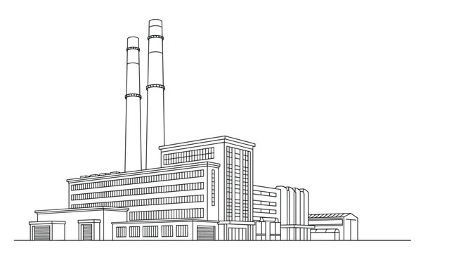 Detailed black and white outline drawing of an industrial factory complex with tall smokestacks and multiple buildings for manufacturing.