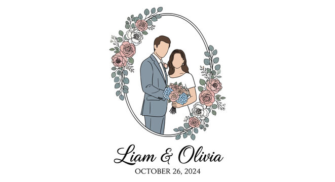 Elegant Wedding Portrait of Liam and Olivia with Floral Wreath.