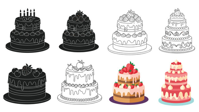 Collection of tiered cakes with strawberries and decorations in various styles including silhouette outline and full color for events.