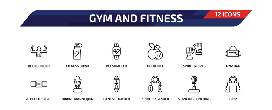 gym and fitness outline icon set. 12 linear vector for ui, web and mobile. thin line bodybuilder, fitness drink, pulsometer and more icons.