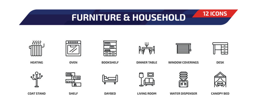 furniture & household outline icon set. 12 linear vector for ui, web and mobile. thin line heating, oven, bookshelf and more icons.