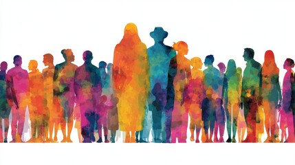 Obraz premium Colorful silhouettes representing a diverse multicultural group of people standing together in unity, inclusion and equality, abstract community concept with vibrant colors symbolizing diversity, team