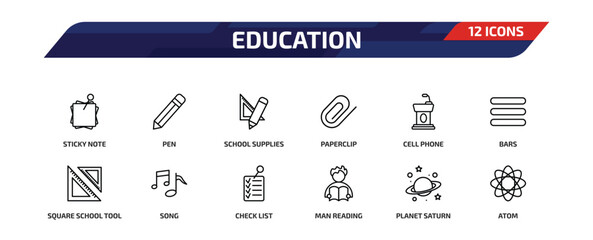 education outline icon set. 12 linear vector for ui, web and mobile. thin line sticky note, pen, school supplies and more icons. © Farahim