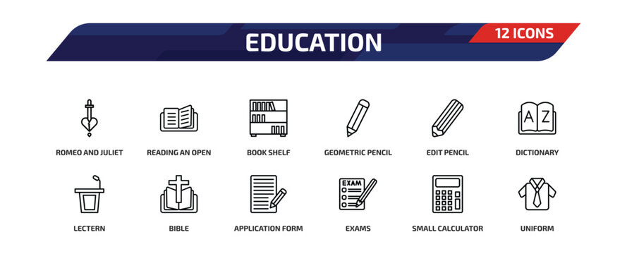 education outline icon set. 12 linear vector for ui, web and mobile. thin line romeo and juliet, reading an open book, book shelf and more icons.