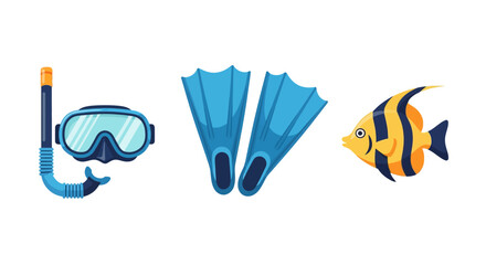 Colorful snorkeling gear and tropical fish on white background © Santafe