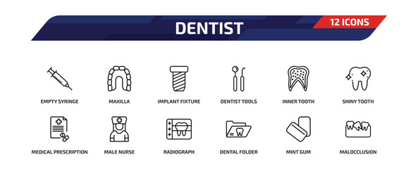 dentist outline icon set. 12 linear vector for ui, web and mobile. thin line empty syringe, maxilla, implant fixture and more icons. © Farahim