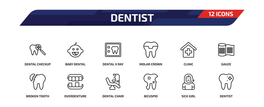 dentist outline icon set. 12 linear vector for ui, web and mobile. thin line dental checkup, baby dental, dental x ray and more icons.