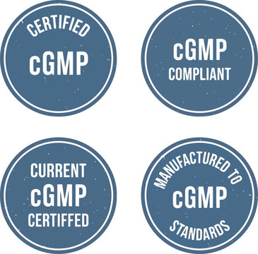 Set of Circular CGMP Certified and Compliant Quality Assurance Badges for Manufacturing Product Packaging Labels