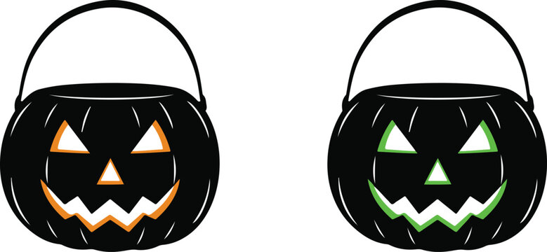 Halloween trick-or-treat buckets, jack-o-lantern candy pails, black plastic pumpkin baskets