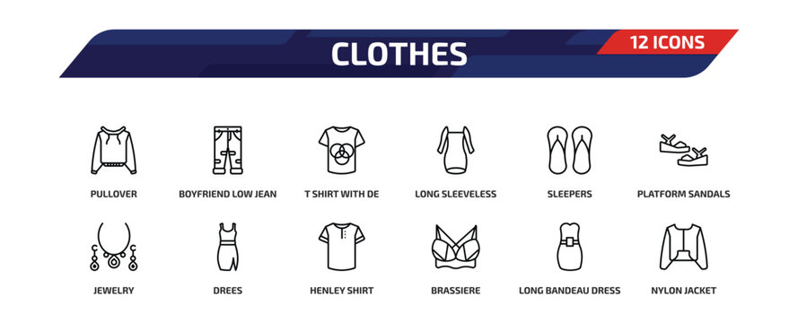 clothes outline icon set. 12 linear vector for ui, web and mobile. thin line pullover, boyfriend low jean, t shirt with de and more icons.