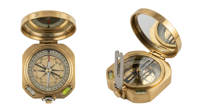 Vintage brass Brunton pocket transit compass isolated on white background for surveying and navigation