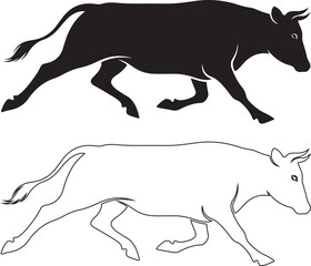 Fototapeta premium Cow, bull, animal icons, black and white vector illustrations, running cattle
