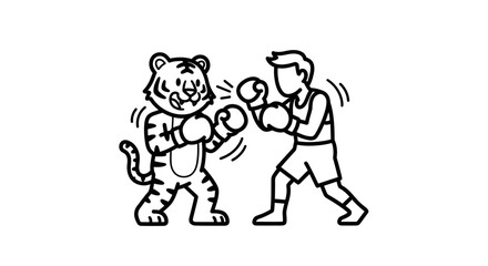 Naklejka premium Dynamic black and white line art illustration featuring a playful tiger and human engaging in a