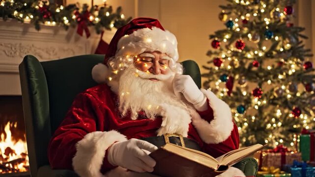 Santa claus reading a book by a decorated christmas tree