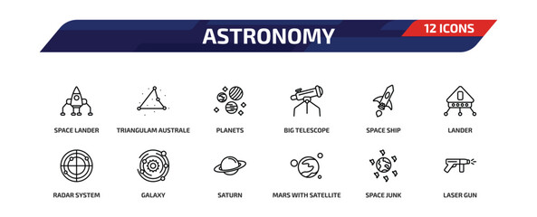 astronomy outline icon set. 12 linear vector for ui, web and mobile. thin line space lander, triangulam australe, planets and more icons. © Farahim