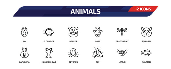 animals outline icon set. 12 linear vector for ui, web and mobile. thin line aw, flounder, beaver and more icons. © Farahim