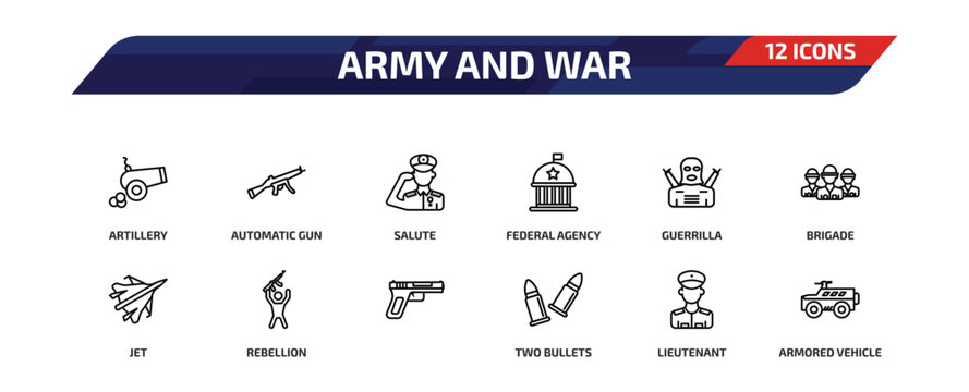 army and war outline icon set. 12 linear vector for ui, web and mobile. thin line artillery, automatic gun, salute and more icons.