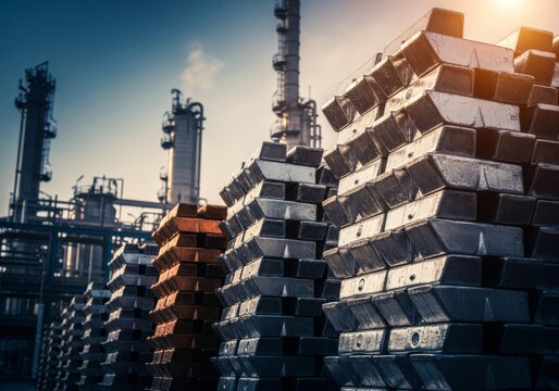 Industrial scene with towering stacks of shiny metal ingots within a dramatic refinery complex under atmospheric light, depicting heavy industry, business, ingot, environment