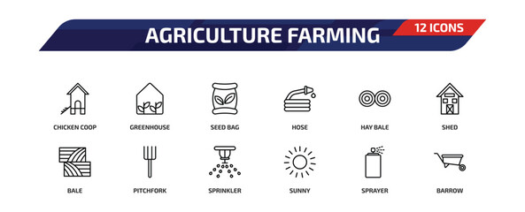 agriculture farming outline icon set. 12 linear vector for ui, web and mobile. thin line chicken coop, greenhouse, seed bag and more icons. © Farahim