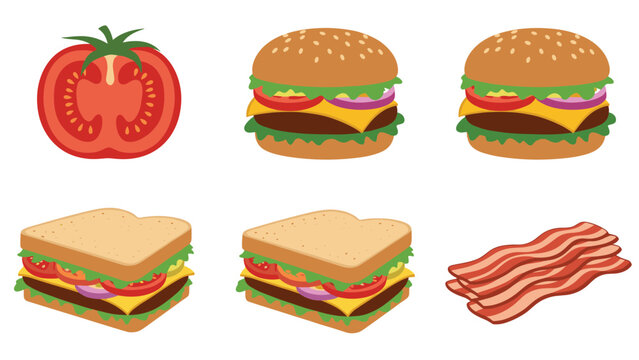Selection of popular fast food items including burgers, club sandwiches, fresh tomato slices, and crispy bacon strips in a colorful vector style.