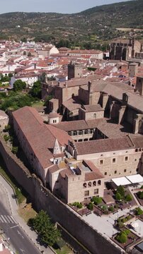 Mirabel Palace with panoramic views of Plasencia&rsquo;s gothic and renaissance rooftops. Vertical aerial