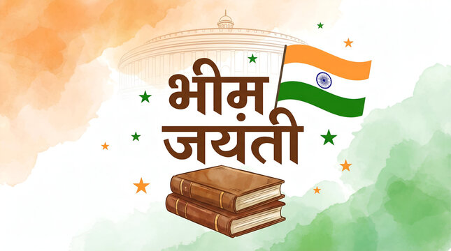 Bhim Jayanti Illustration with Parliament and Tricolor  
Dr. Babasaheb Ambedkar Jayanti font in Hind and Marathi Calligraphy