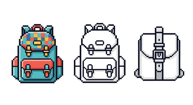 Pixel art backpacks collection in retro style with colorful patterns
