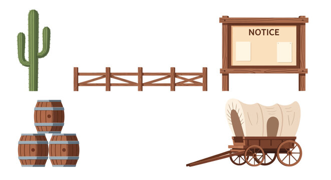 Wild west elements: cactus barrel covered wagon fence and notice