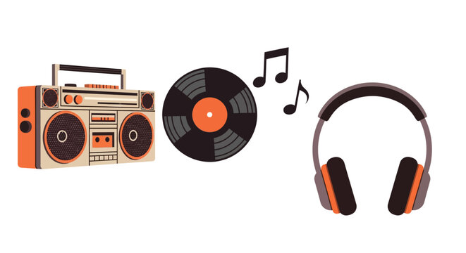 Retro music elements with boombox vinyl record and headphones