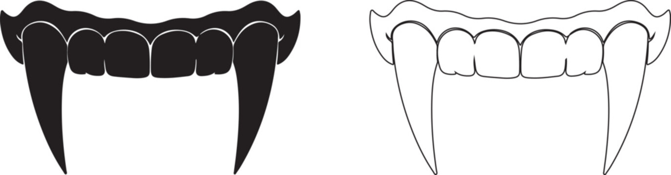 Vampire fangs, sharp teeth, black and white icons, dental illustration, fang graphics