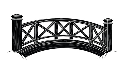 Obraz premium Silhouette illustration of a curved wooden bridge with a decorative railing set against a plain white background for architectural use.