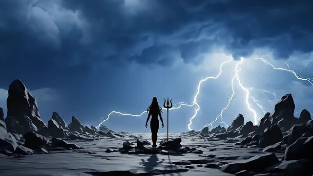 Lord Shiva figure stands on a storm‑tossed rocky beach, cloak billowing, hair whipping, holding a trident under lightning‑lit dark sky