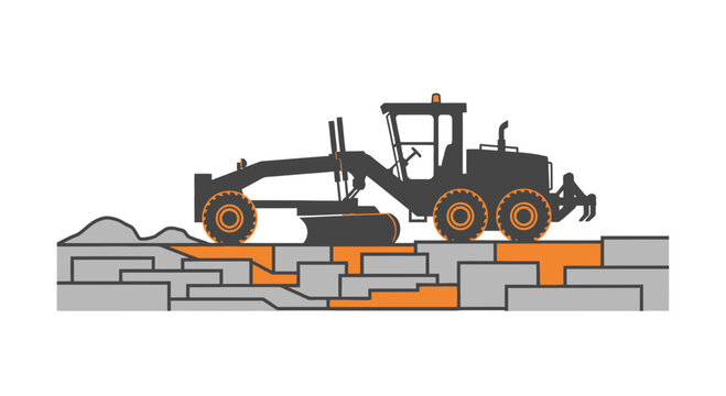 Road Grader Working On Ground Layered Construction Material Surface