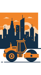 Naklejka premium Urban Road Roller Working Against Cityscape Background Construction Industry Illustration