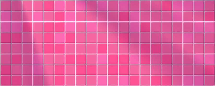 Minimal ceramic grid pattern with glossy surface and light reflections. Bathroom pink tile background ideal for bathroom, swimming pool and interior design.