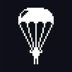Obraz premium Retro pixel art parachute icon in classic 8-bit style. Monochrome symbol representing supply drop, airdrop, or airborne delivery. Suitable for video game UI, battle royale games and survival games