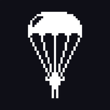 Retro pixel art parachute icon in classic 8-bit style. Monochrome symbol representing supply drop, airdrop, or airborne delivery. Suitable for video game UI, battle royale games and survival games