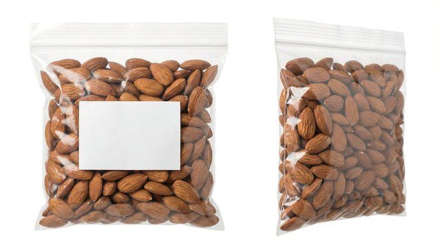Whole raw almonds packed in transparent plastic zip bags with blank label mockup isolated on white.